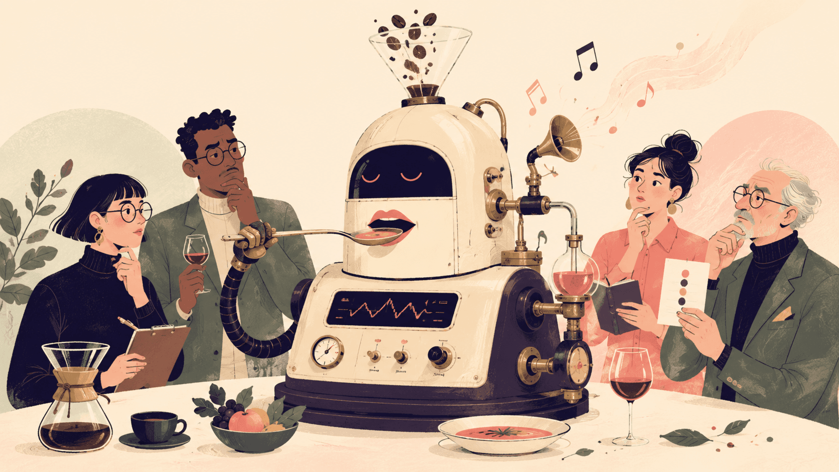 Illustration of a retro-futuristic robot tasting food and drink while people observe thoughtfully.